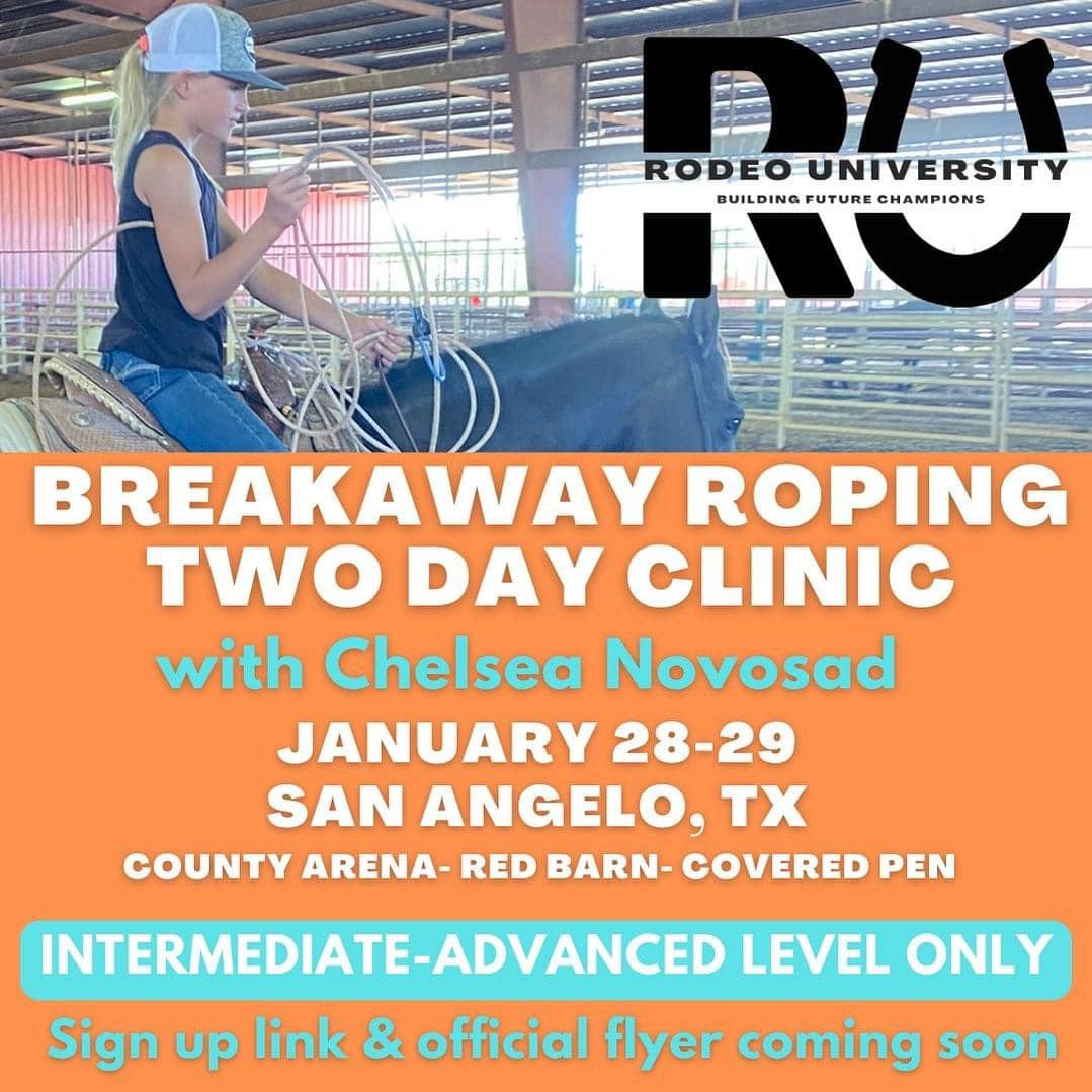 ðŸŽ‰NEW CLINIC ALERTðŸŽ‰ -ONLY 5 SPOTS LEFT - First breakaway clinic of 2023 will be held in San Angelo, Tx. This is an intermediate-advanced roper clinic only. The student must currently be roping live cattle or have previously attended one of our clinics. 